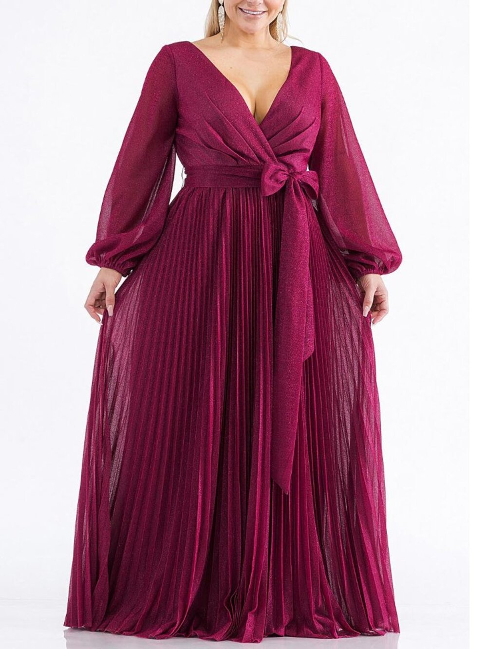 Fuchsia Long Sleeve Metallic Pleated Formal Dress 4